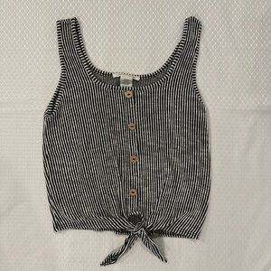 SOFT! Striped Tie-Front Tank Top - Black & White with cute wooden buttons
